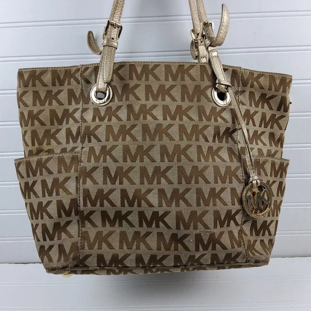 Michael Kors MK Signature Tote Shoulder Handbag Purse Brown